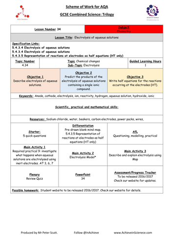 L34 Electrolysis of aqueous solutions (NEW – 09/16) Chemistry Combined Science Trilogy (AQA) – P1