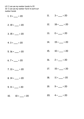 Number Bonds To 20 Worksheet Tes