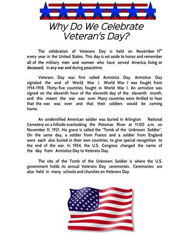 Veterans Day Comprehension Sheet Teaching Resources