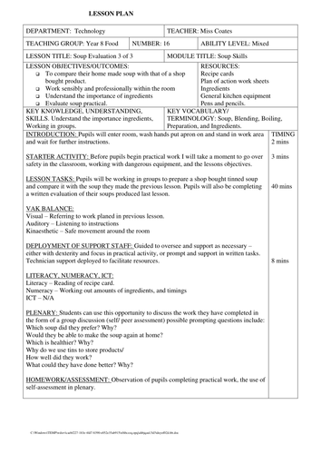 KS3 Food Technology Soup Lesson Plans. Full detailed Lesson Plans