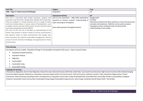 NEW AQA GCSE GEOGRAPHY - Urban Issues & Challenges - Scheme Of Work & Unit Plan