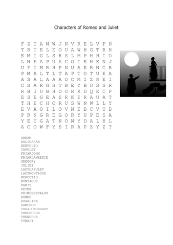 Characters of Romeo and Juliet Wordsearch