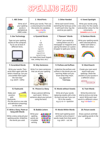 ks2 homework spelling menu with 35 different activities teaching resources