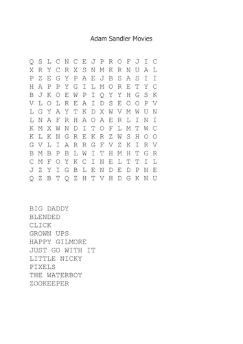 Adam Sandler Movies Wordsearch