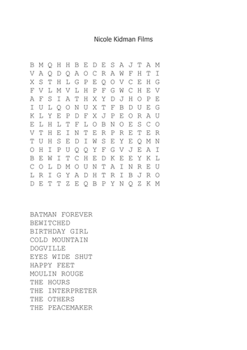 Nicole Kidman Films Wordsearch