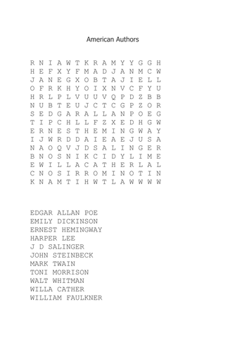 Classic American Authors Wordsearch