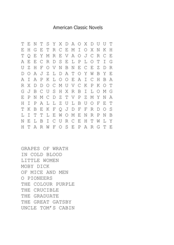 Classic American Novels Wordsearch