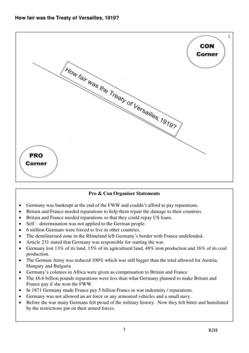 Treaty of Versailles -  Pro & Con Sort Activity