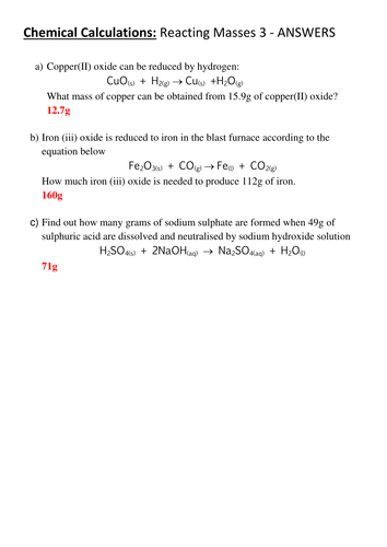 Chemical Calculations Reacting Masses 3 By Misskcat Teaching Resources Tes