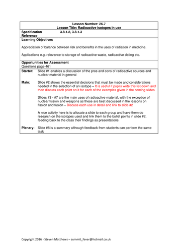 Physics A-Level Year 2 Lesson - Radioactive isotopes in use (PowerPoint AND lesson plan)