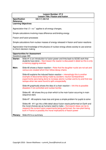 Physics A-Level Year 2 Lesson - Fission and fusion (PowerPoint AND lesson plan)
