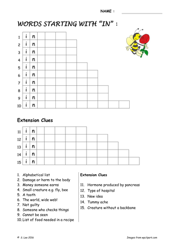 Word work:  "IN" worksheets