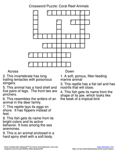 Learning Center: Coral Reef Crossword Puzzle (upper elem) Teaching