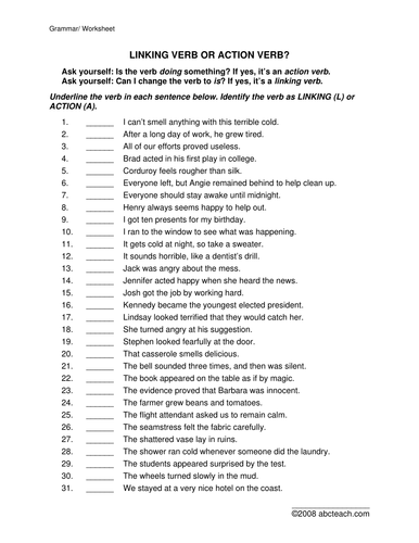 Worksheet On Linking Verbs With Answers