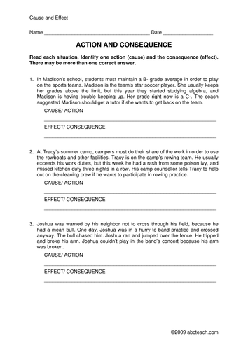 Worksheets: Actions and Consequences (upper elem) by abcteach