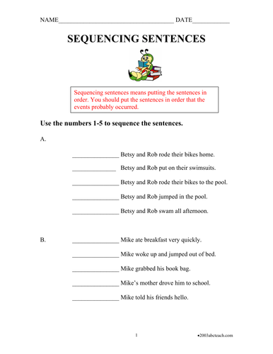 Worksheet: Sentence Sequencing (elementary) | Teaching Resources