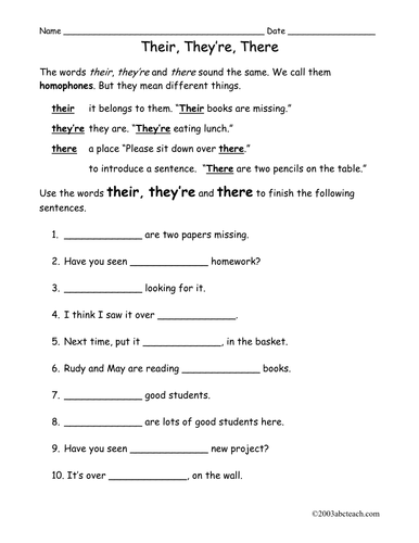 Printable There Their Theyre Worksheet