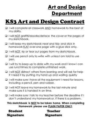 KS3 Sketchbook Contract Sheet