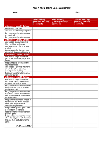 Kodu - Race Track Tutorial Help Sheets & Assessment Criteria | Teaching ...