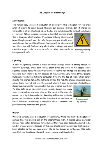 Dangers of Electricity KS2 Lesson Plan, Information Text and Question