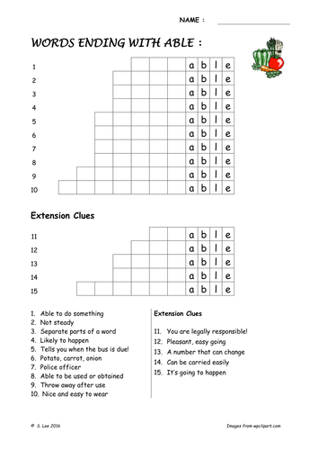 Suffix word work:  ABLE