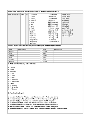 KS2/3 French - Telling your birthday (sentence builder for LAM)