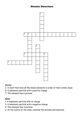 Atomic Structure Crossword Teaching Resources