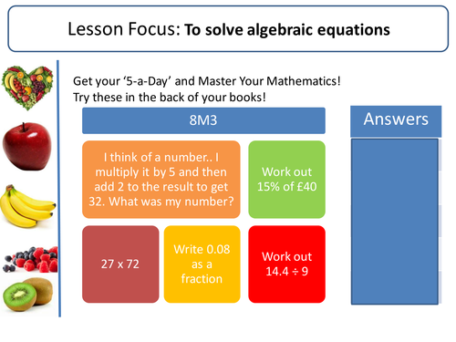 Solving equations! (Two step, brackets, fractions, unknown on both sides, set up and solve problems)