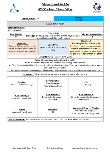 NEW L34 Energy & Power  - Physics Combined Science Trilogy (AQA) – Paper 1 (2016)