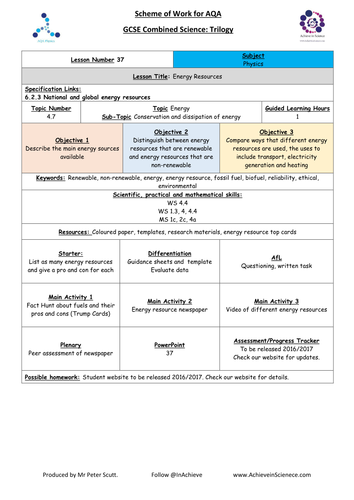 NEW L37 Energy Resources - Physics Combined Science Trilogy (AQA) – Paper 1 (2016)