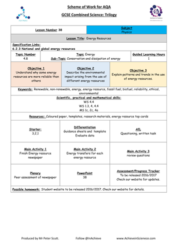 NEW L38 Energy Resources 2 - Physics Combined Science Trilogy (AQA) – Paper 1 (2016)