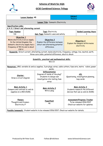 NEW L46 Domestic Electricity - Physics Combined Science Trilogy (AQA) – Paper 1 (2016)