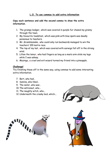 ks2-english-worksheets-on-using-commas-to-add-extra-information