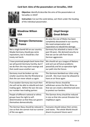 Card Sort - What were the aims of the peacemakers at Versailles in 1919?