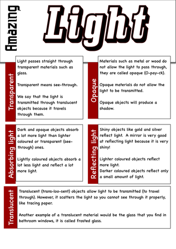 Light, Opaque, Transparent, Translucent Literacy Helpsheet EAL