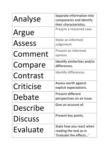 GCSE English Language Exam Words Match Up