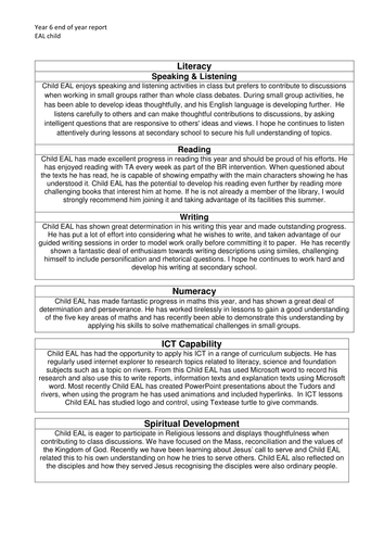 End of Year 6 Report for EAL child