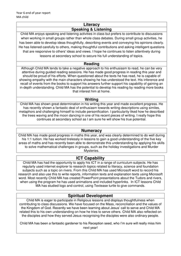 End of Year 6 report for MA child