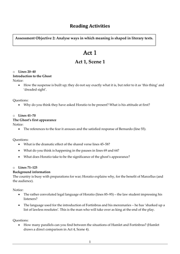 Hamlet Act 1 to 5  - Questions and things to notice for A level