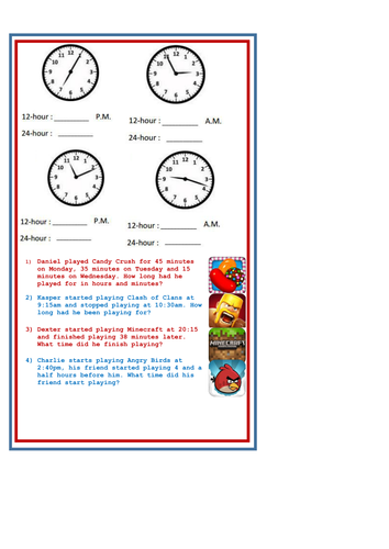 Time Worded Problems KS2 Candy Crush Clash Of Clans Teaching Resources