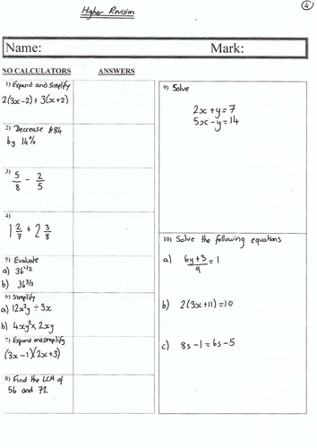 Higher GCSE Maths Revision Sheets | Teaching Resources