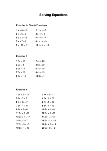 solving equations homework sheet