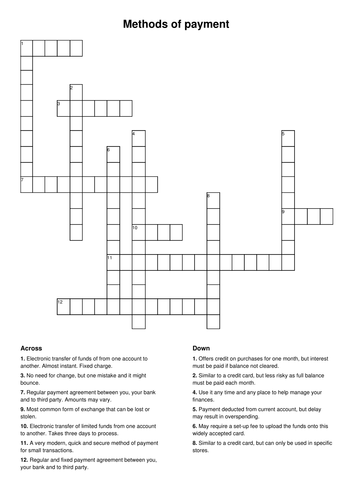 Methods of Payment Crossword and Answers Teaching Resources