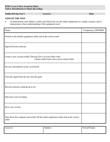 Studio 'driving test' or introductory assessment for BTEC Firsts Music Unit 6