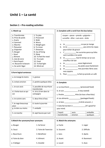 gcse french unit 1 health reading vocabulary builders and