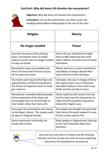 Card Sort: Why did Henry VIII dissolve the monasteries?