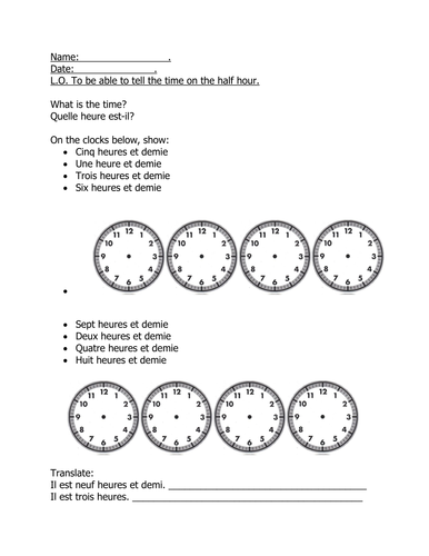 French Telling The Time Worksheet Half An Hour Teaching Resources