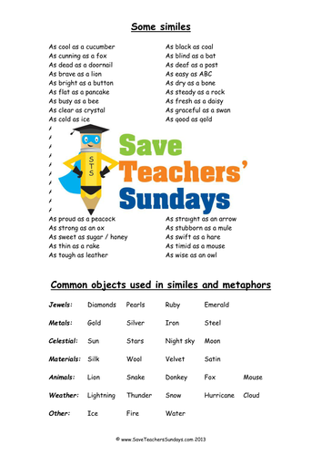 Similes and Metaphors Lesson Plan and Worksheets | Teaching Resources