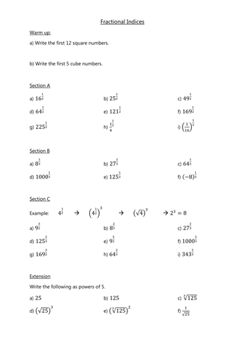 Fractional indices worksheet