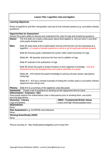 A-Level Physics / Maths - Logarithms rules and algebra (Lesson plan and PowerPoint)